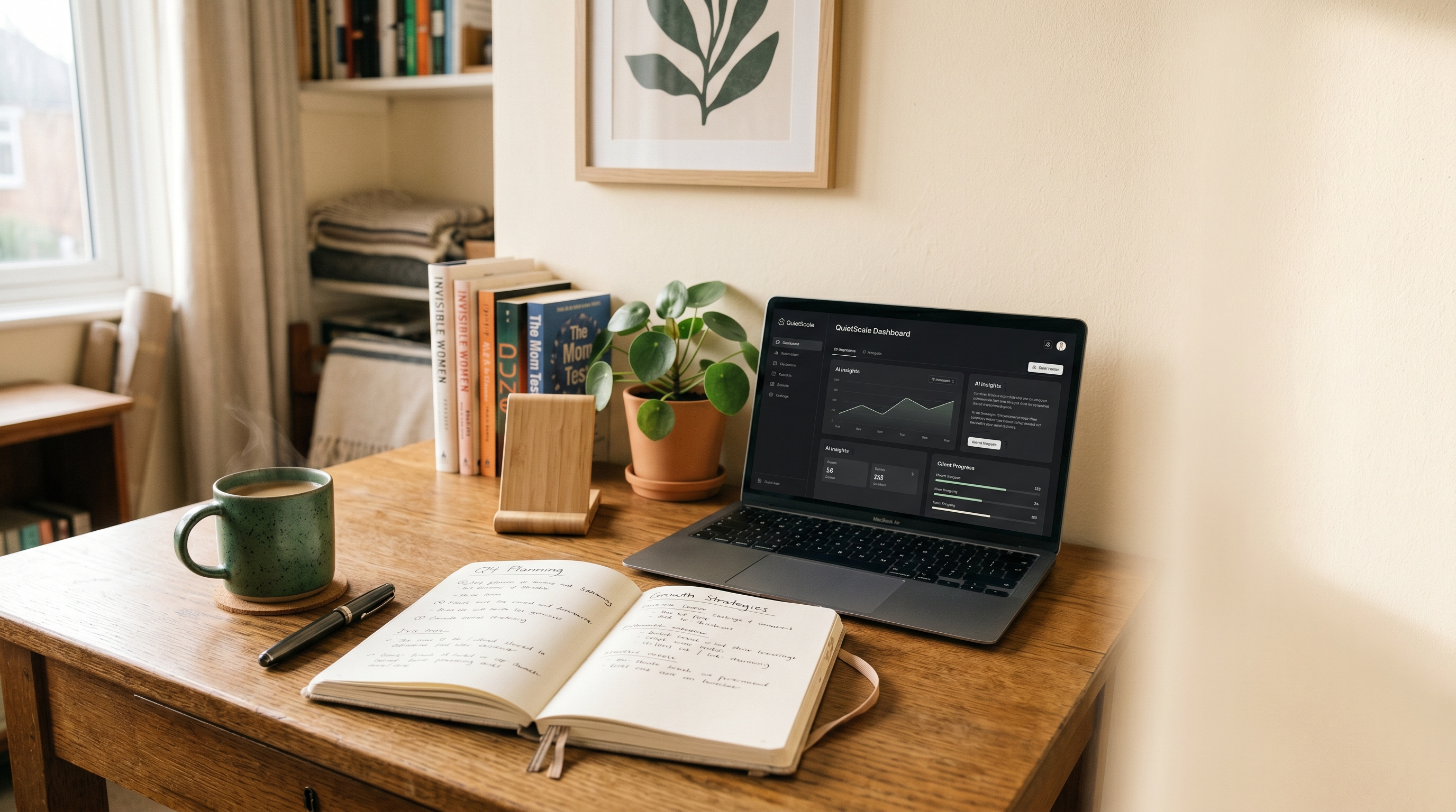 A coach's wooden desk with a laptop and notebook